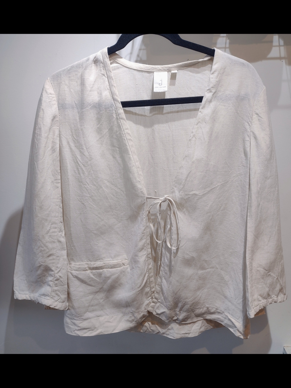 100% Linen Cream Tie-Front V-Neck Blouse (Sz S) Boho Chic Prairie Western Garden
